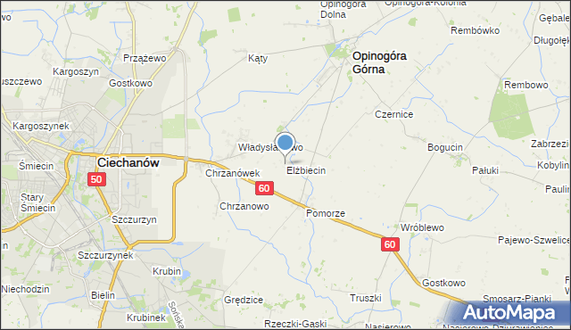 mapa Elżbiecin, Elżbiecin gmina Opinogóra Górna na mapie Targeo